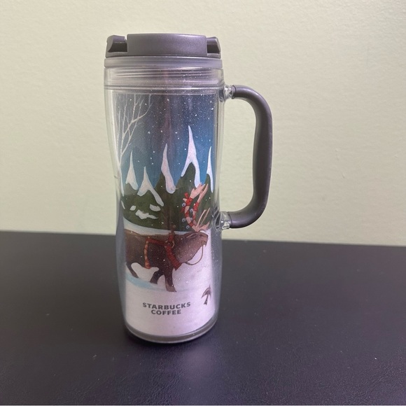 2008 Starbucks 12 OZ TRAVEL TUMBLER Coffee Glittery Reindeer Sleigh  Cup Handle - Picture 1 of 7
